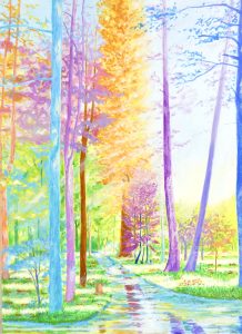 風景画 アクリル画 アクリル絵の具 絵画 カラフル 明るい絵 綺麗な絵 川 森 木