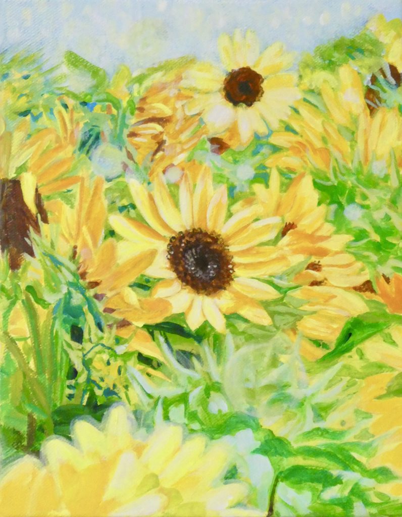 風景画 アクリル画 アクリル絵の具 絵画 カラフル 明るい絵 綺麗な絵 花の絵 ひまわり 小さな絵