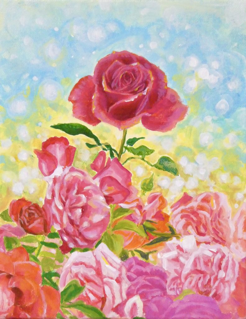 風景画 アクリル画 アクリル絵の具 絵画 カラフル 明るい絵 綺麗な絵 薔薇 ばらの花 小さい絵 カラフル