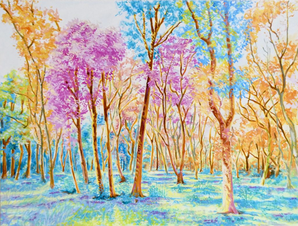 風景画 アクリル画 アクリル絵の具 絵画 カラフル 明るい絵 綺麗な絵 森 木