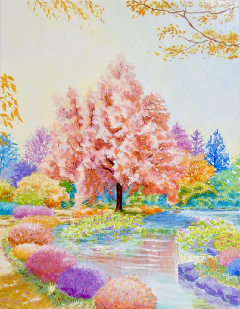 風景画 アクリル画 アクリル絵の具 絵画 カラフル 明るい絵 綺麗な絵 森 木 川 大きな絵