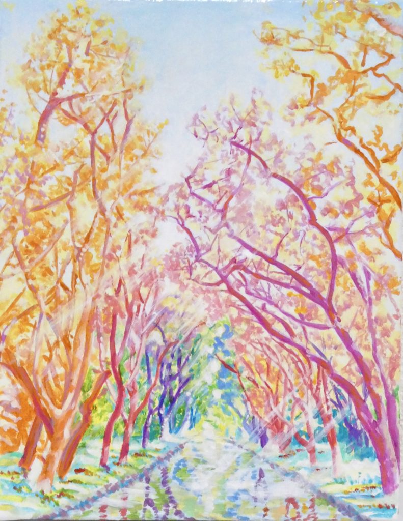 風景画 アクリル画 アクリル絵の具 絵画 カラフル 明るい絵 綺麗な絵 小さい絵 木 並木 川