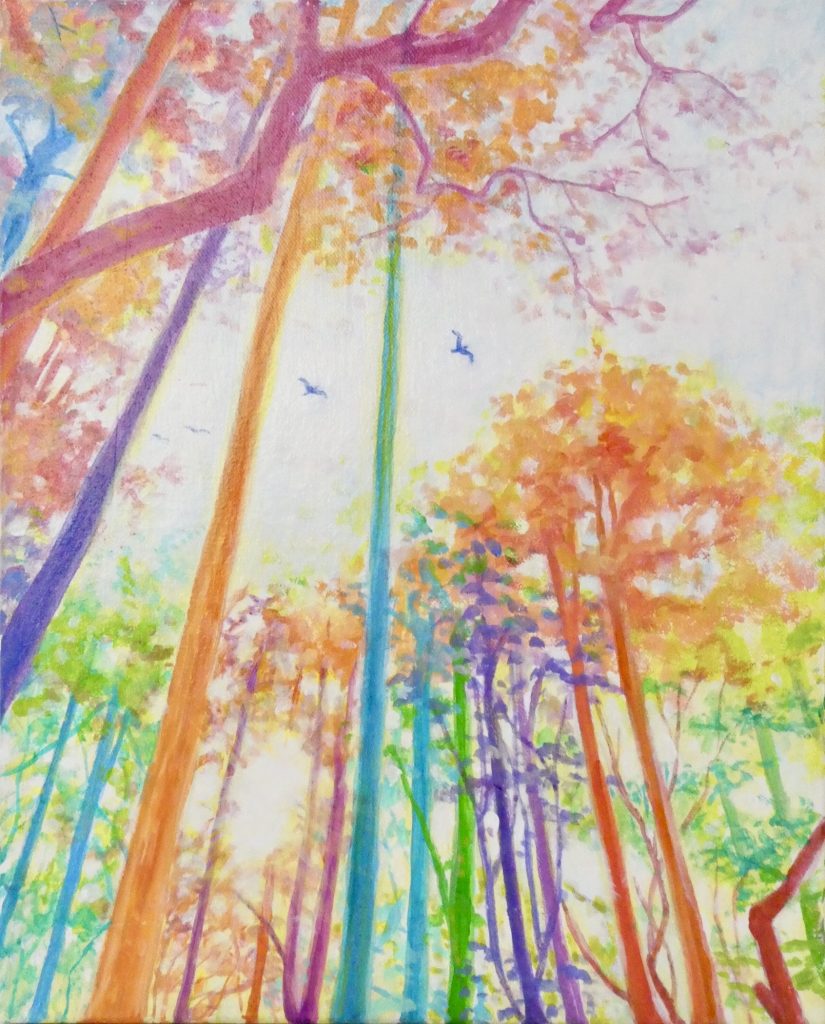 風景画 アクリル画 アクリル絵の具 絵画 カラフル 明るい絵 綺麗な絵 鳥 木 森