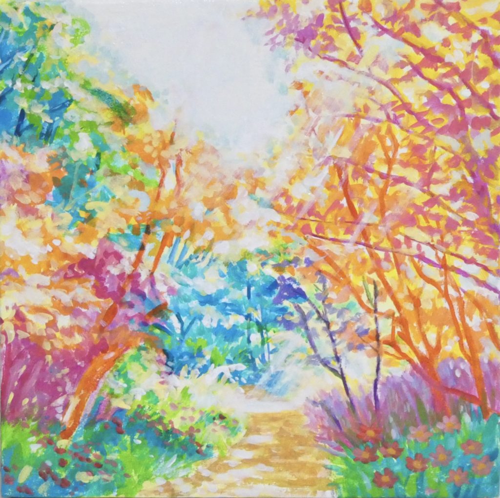 風景画　アクリル画　アクリル絵の具　絵画　カラフル　明るい絵　綺麗な絵　小さい絵　小道　木　森