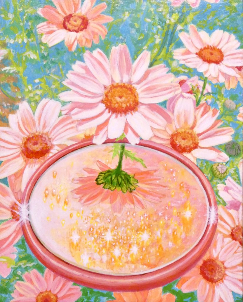 マーガレットの絵 花の絵 アクリル画 アクリル絵の具 絵画 明るい絵 綺麗な絵 癒し 鮮やか 小さい絵 ピンク色 ピンク色の花