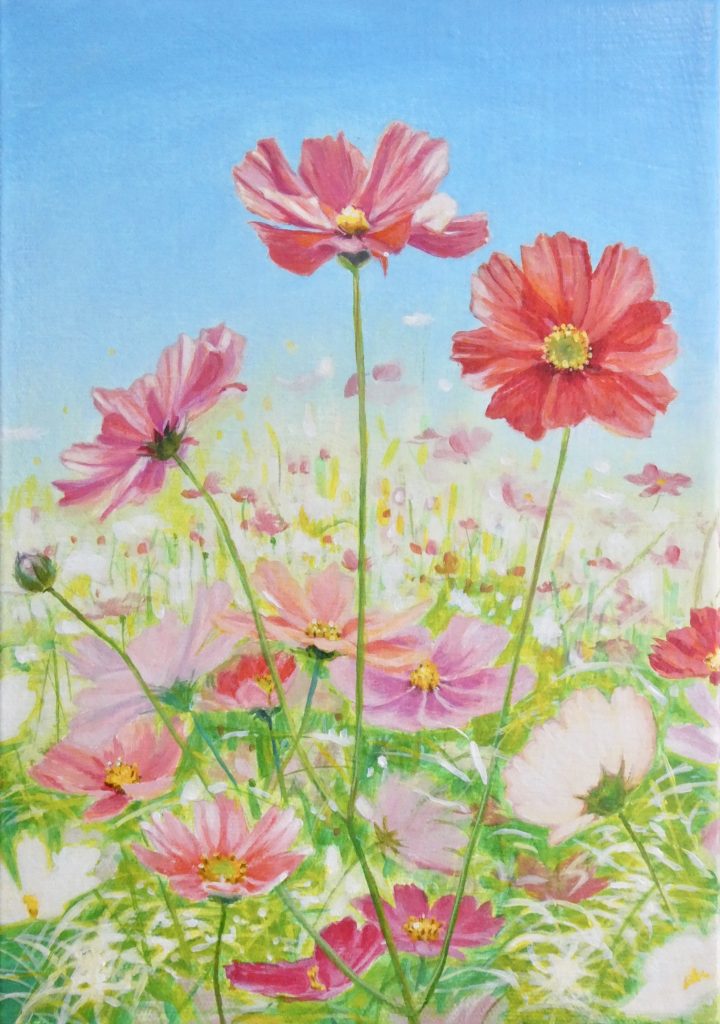 花の絵 風景画 コスモス アクリル画 アクリル絵の具 絵画 カラフル 明るい絵 綺麗な絵