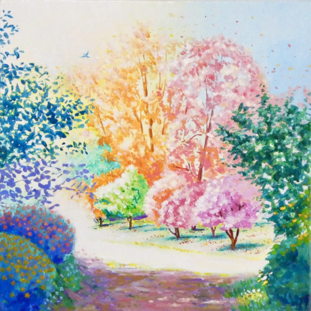 風景画 アクリル画 アクリル絵の具 絵画 カラフル 明るい絵 綺麗な絵 道 小さい絵